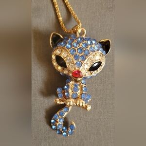 Gold-Tone Blue Crystal Cat Pendant Necklace - Unbranded